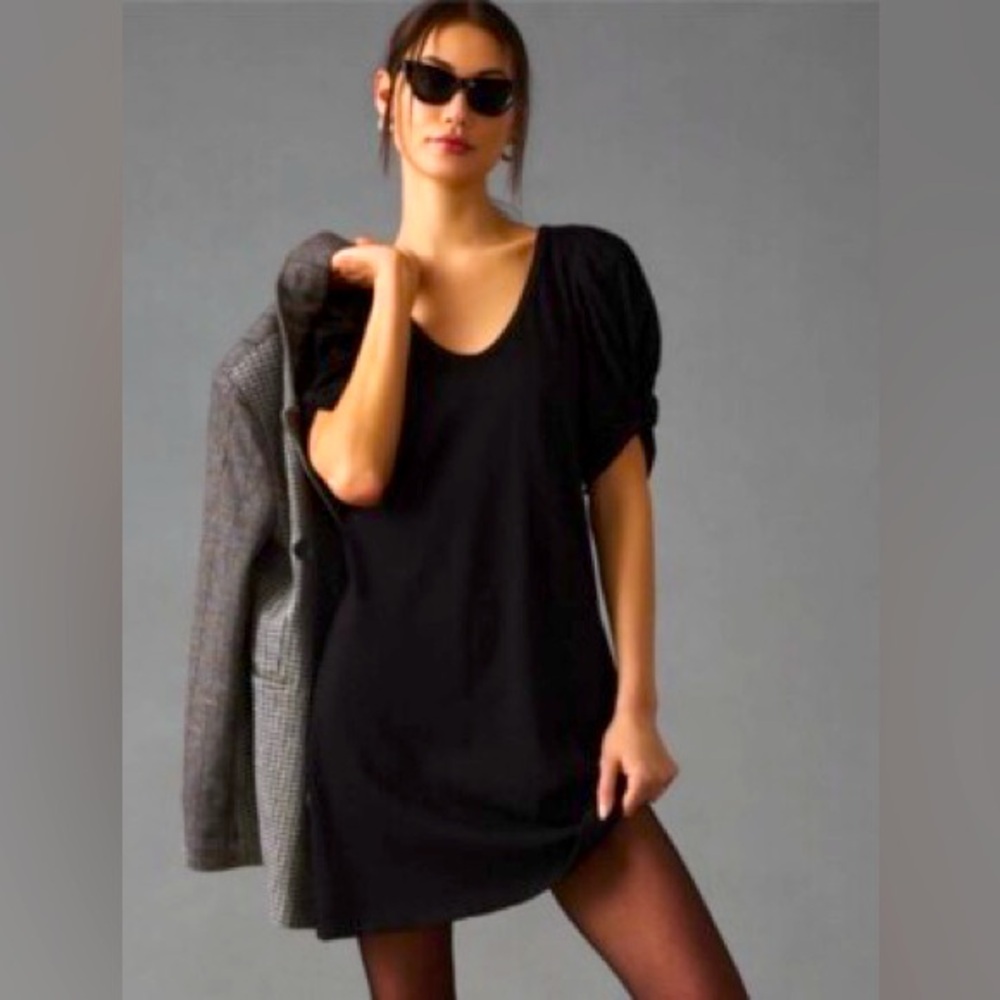 NWT Anthropologie Amadi Twist Puff Sleeve V-Neck Mini Dress Black, size L